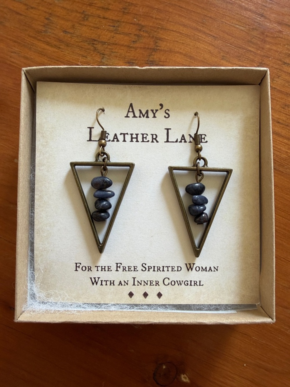 Amy's Leather Lane Triangle Drop Earrings Lapis Bead Accents